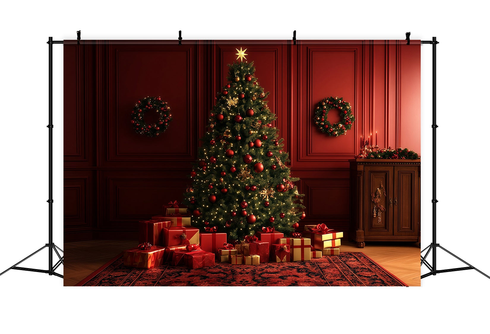 Red Christmas Backdrop Glowing Tree Gift Room Large Christmas Backdrop RR69-10