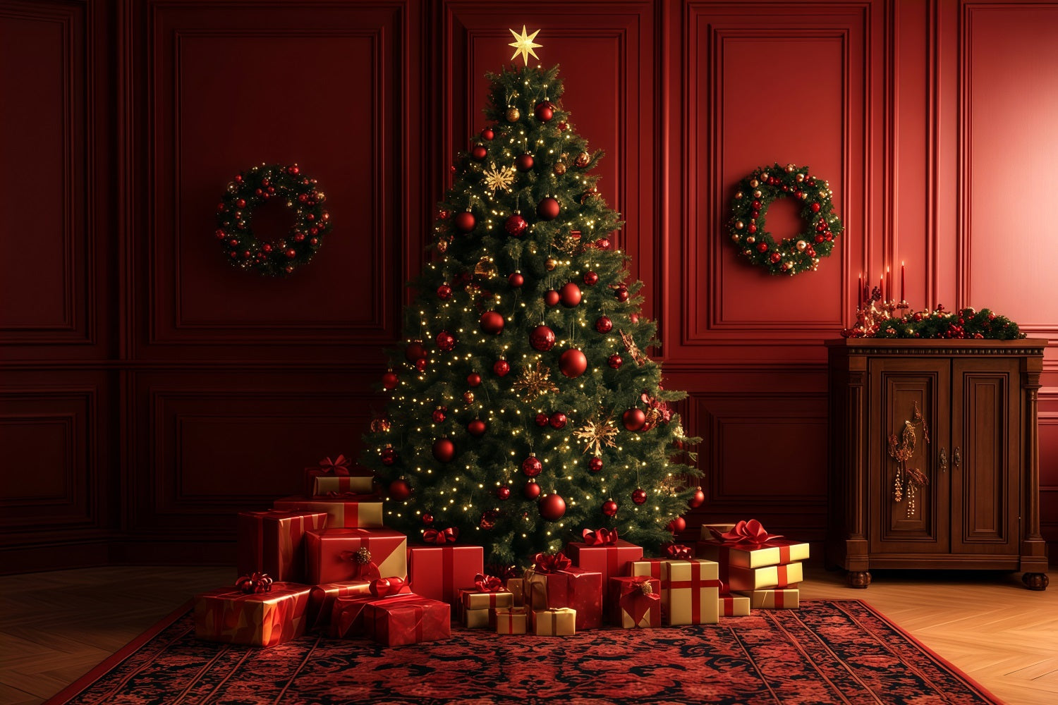 Red Christmas Backdrop Glowing Tree Gift Room Large Christmas Backdrop RR69-10