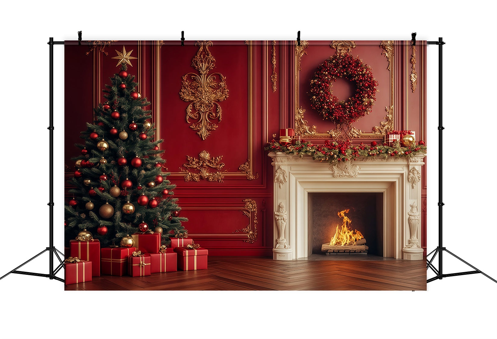 Christmas Fireplace Backdrop Vintage Crimson Mantel Wreath Backdrops Christmas RR69-11