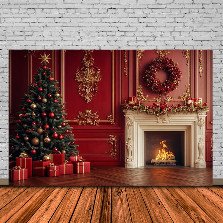 Christmas Fireplace Backdrop Vintage Crimson Mantel Wreath Backdrops Christmas RR69-11