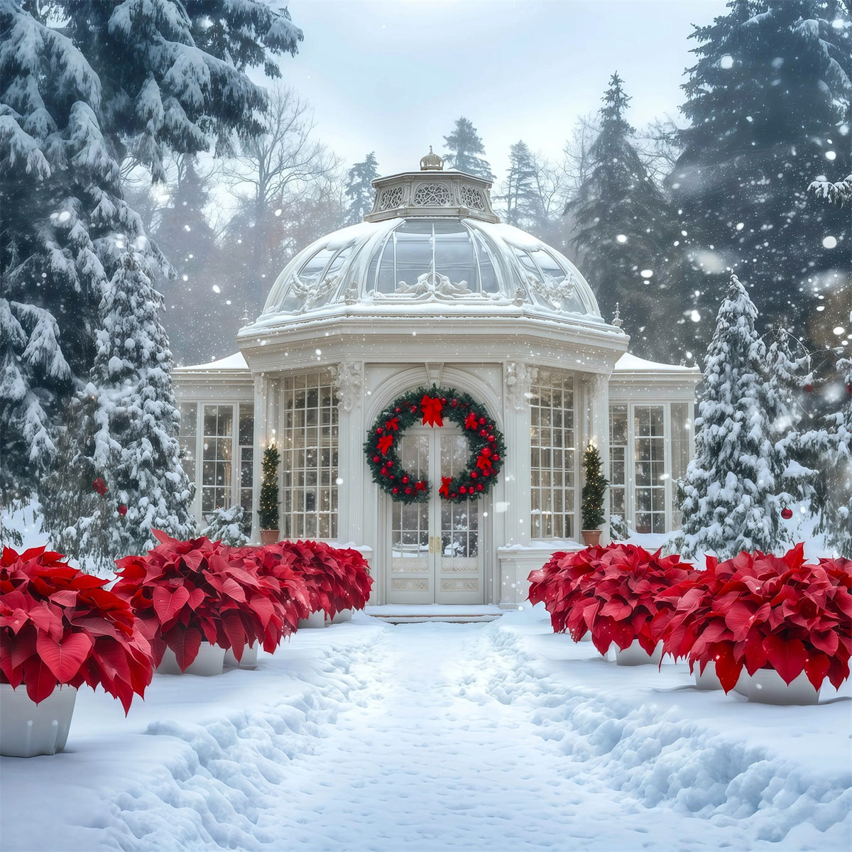 Snowy Christmas Backdrop Conservatory Poinsettia Garden Photography Christmas Backdrop RR69-12
