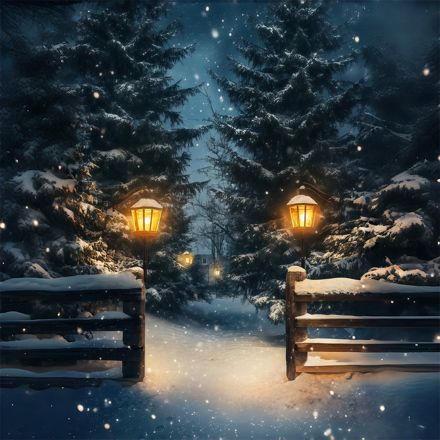 Christmas Snow Backdrop Snowy Lantern Forest Path Photography Backdrops Christmas RR69-13