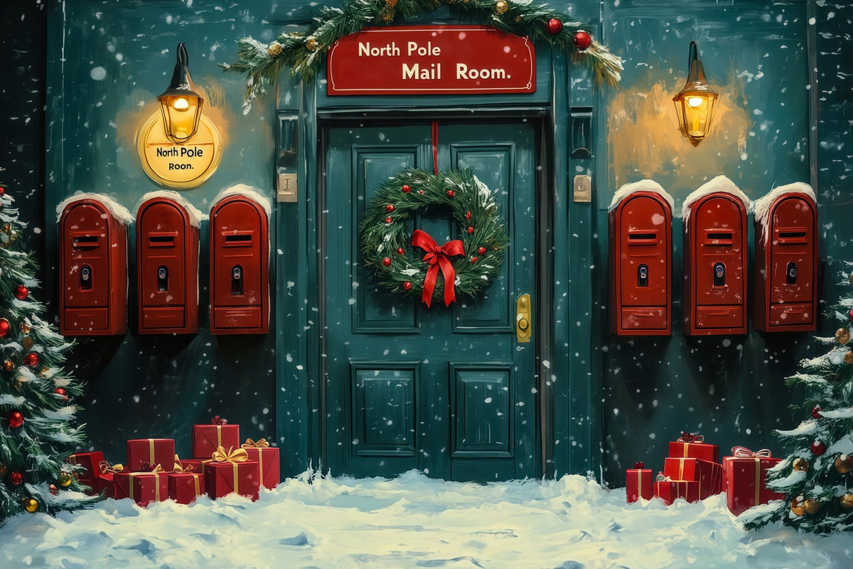 North Pole Christmas Backdrop Snowy Mail Room Door Photo Backdrops Christmas RR69-14