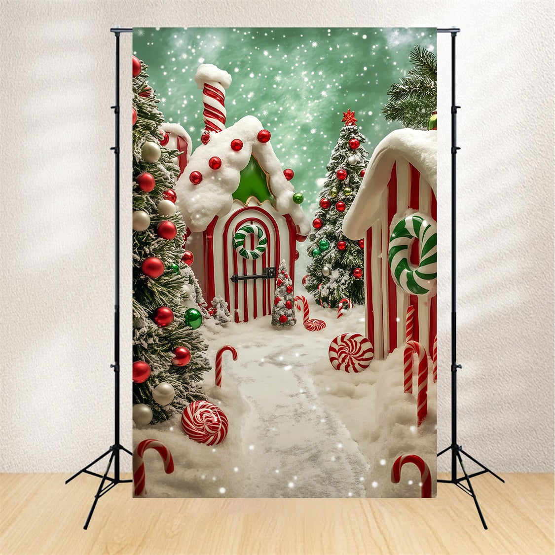 Candyland Christmas Backdrop Snowy Gingerbread Village Photography Backdrop Christmas RR69-17