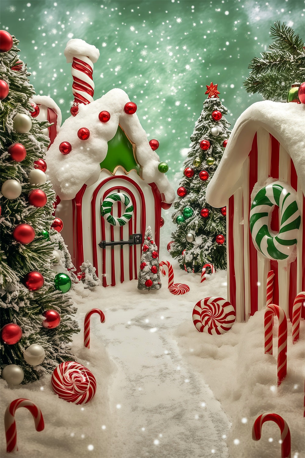 Candyland Christmas Backdrop Snowy Gingerbread Village Photography Backdrop Christmas RR69-17