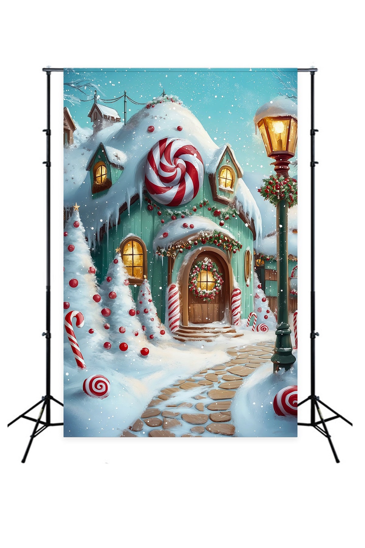 Christmas Candy Backdrop Snowy Gingerbread Cottage Pathway Indoor Christmas Backdrop RR69-18
