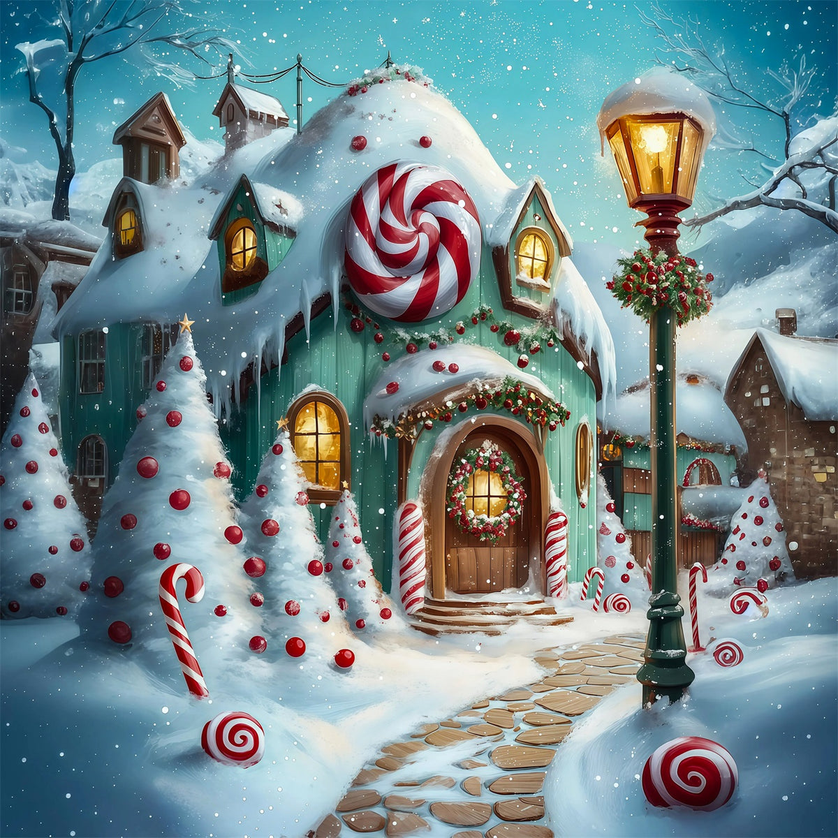 Christmas Candy Backdrop Snowy Gingerbread Cottage Pathway Indoor Christmas Backdrop RR69-18