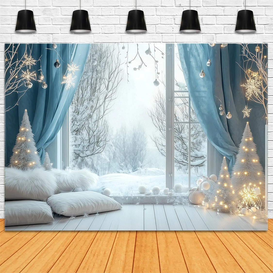 Christmas Lights Backdrop Snowy Blue Window Bedroom Studio Christmas Backdrops RR69-24