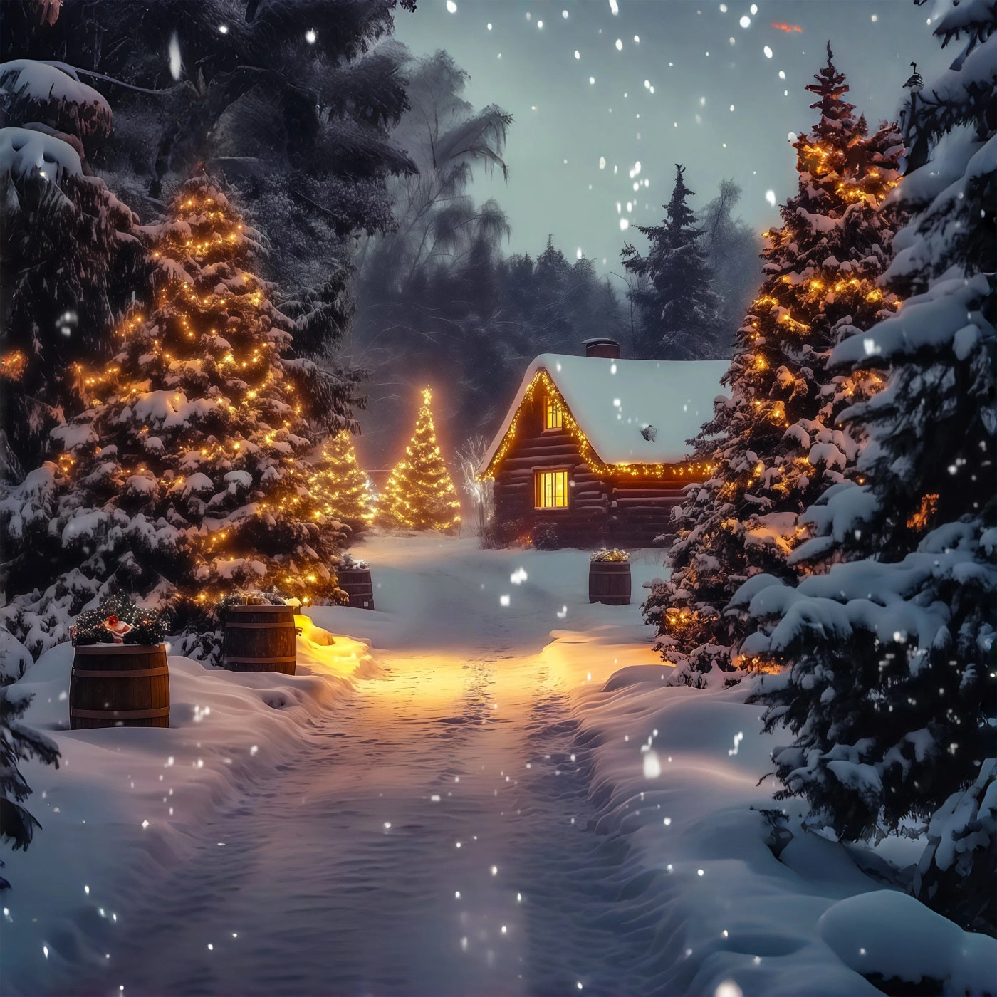Winter Christmas Backdrop Cozy Cabin Pine Glow Christmas Muslin Backdrop RR69-26