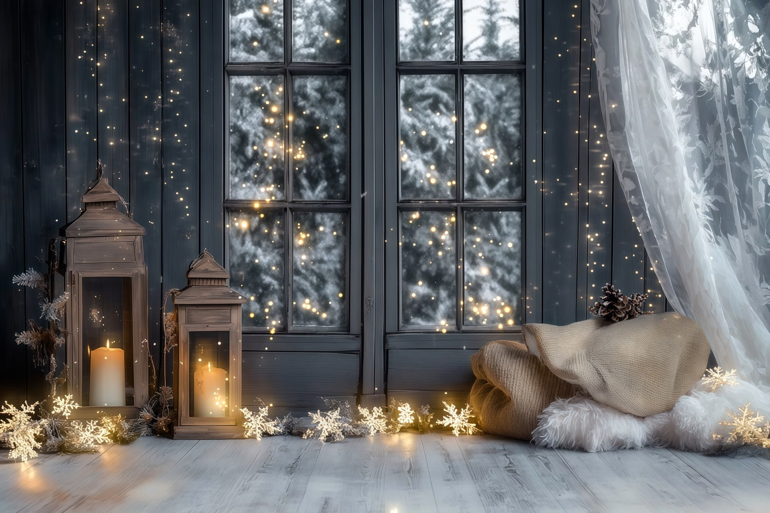 Christmas Lights Backdrop Frosted Window Lantern View Christmas Indoor Backdrop RR69-27