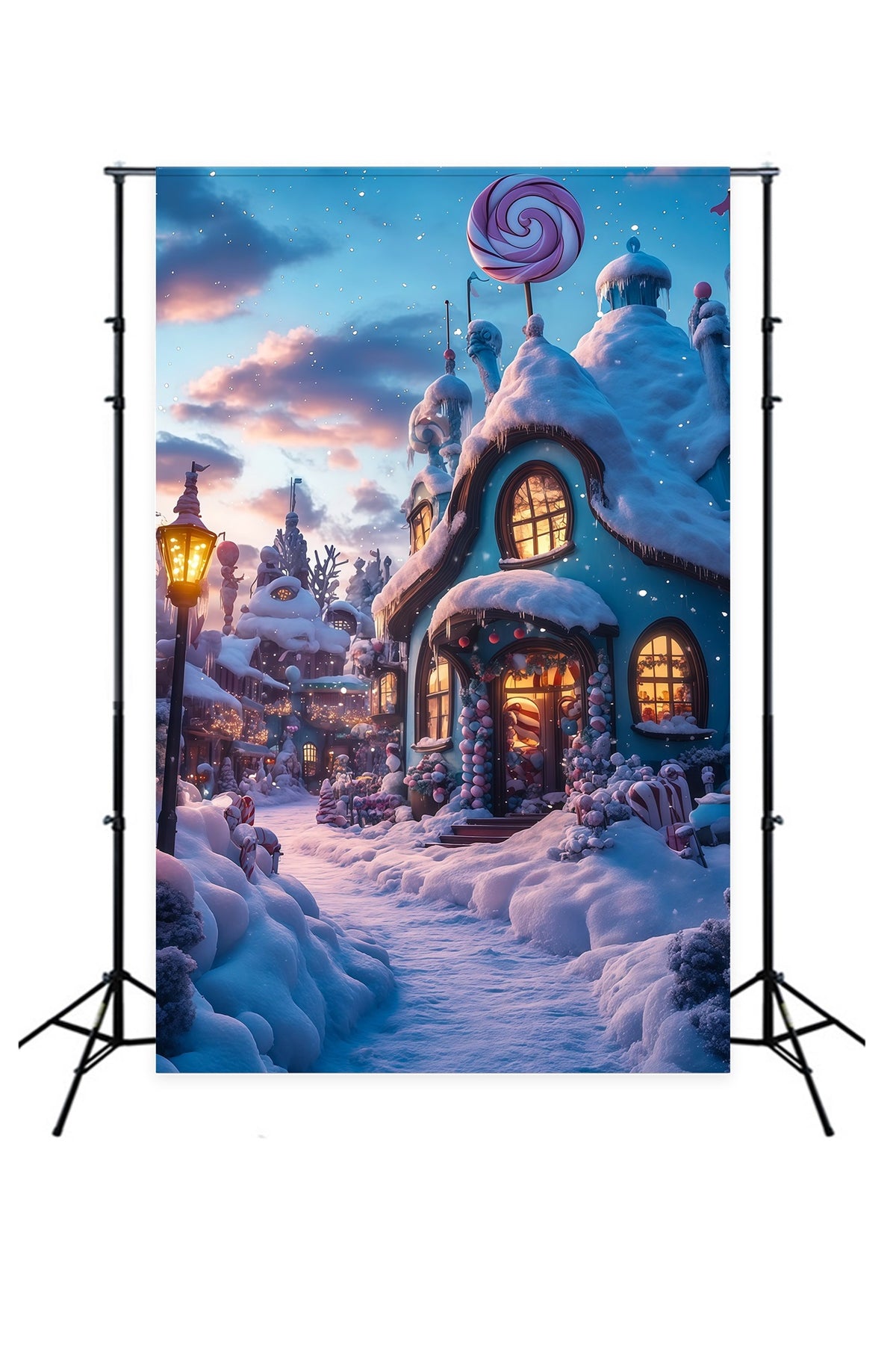 Christmas Village Backdrop Candyland Snowy Cottage Indoor Christmas Backdrops RR69-28