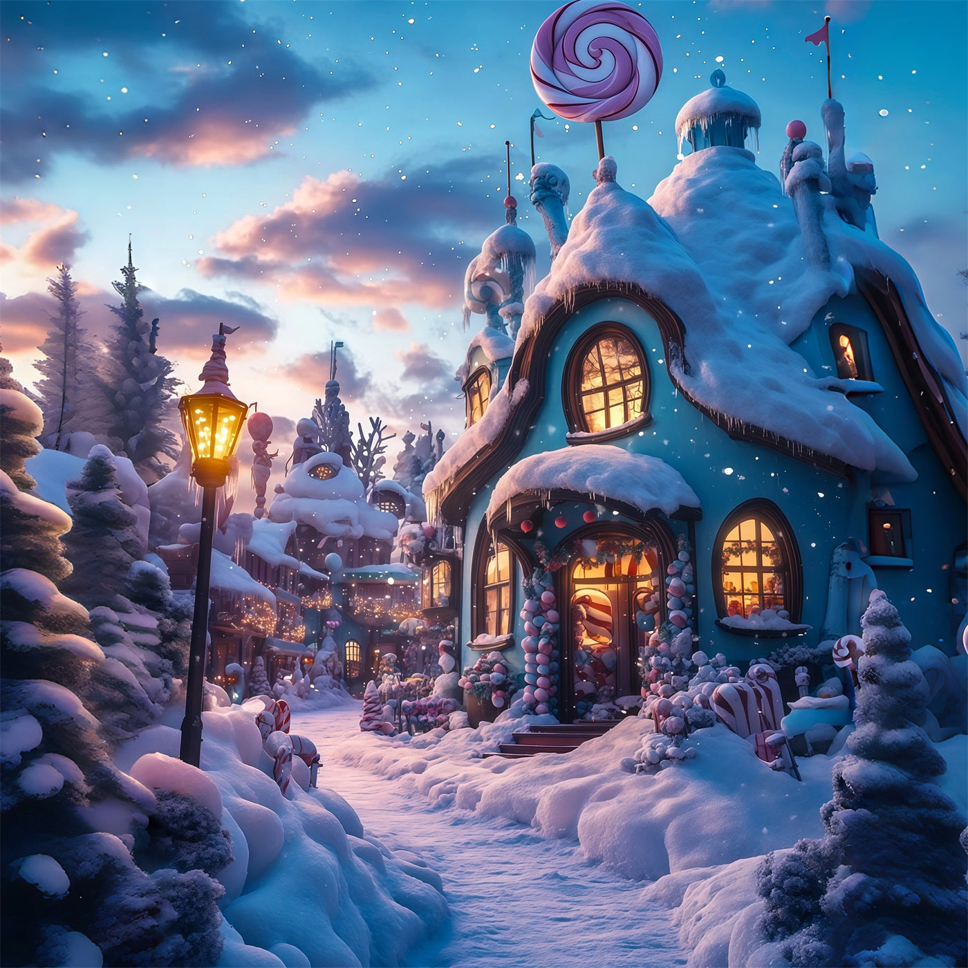 Christmas Village Backdrop Candyland Snowy Cottage Indoor Christmas Backdrops RR69-28