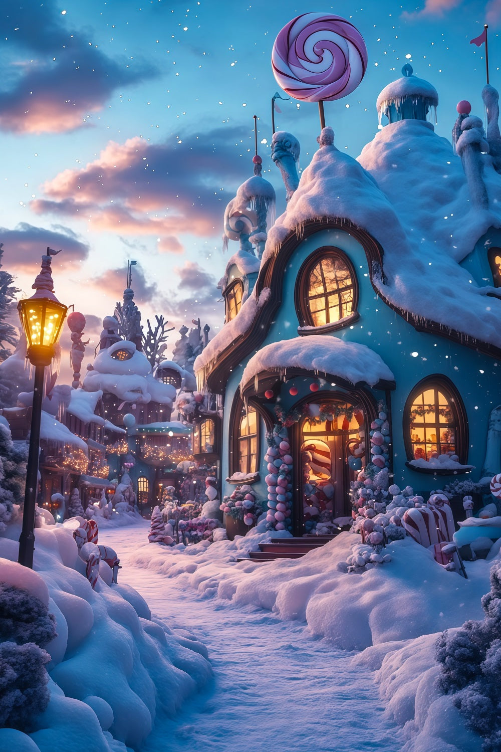 Christmas Village Backdrop Candyland Snowy Cottage Indoor Christmas Backdrops RR69-28