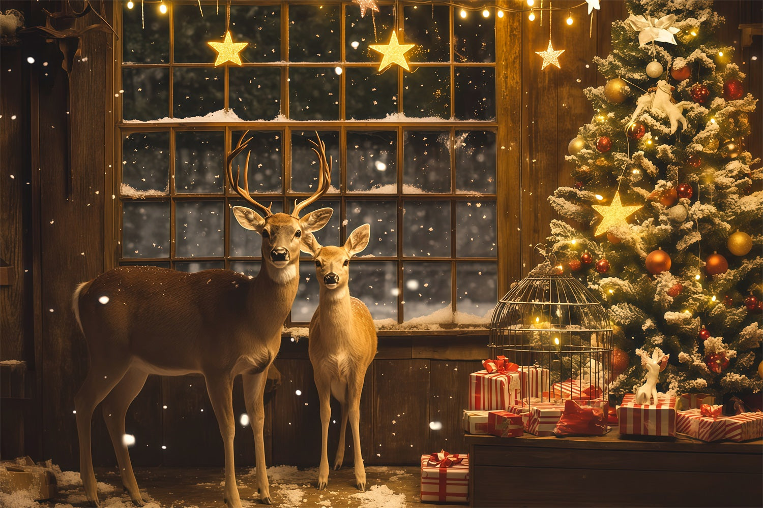 Christmas Window Backdrop Deer Stars Gift Corner Christmas Photography Backdrop RR69-3
