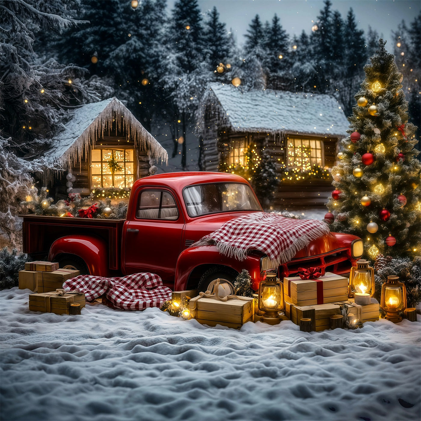 Christmas Truck Backdrop Vintage Car Woodland Cabin Muslin Backdrop Christmas RR69-32