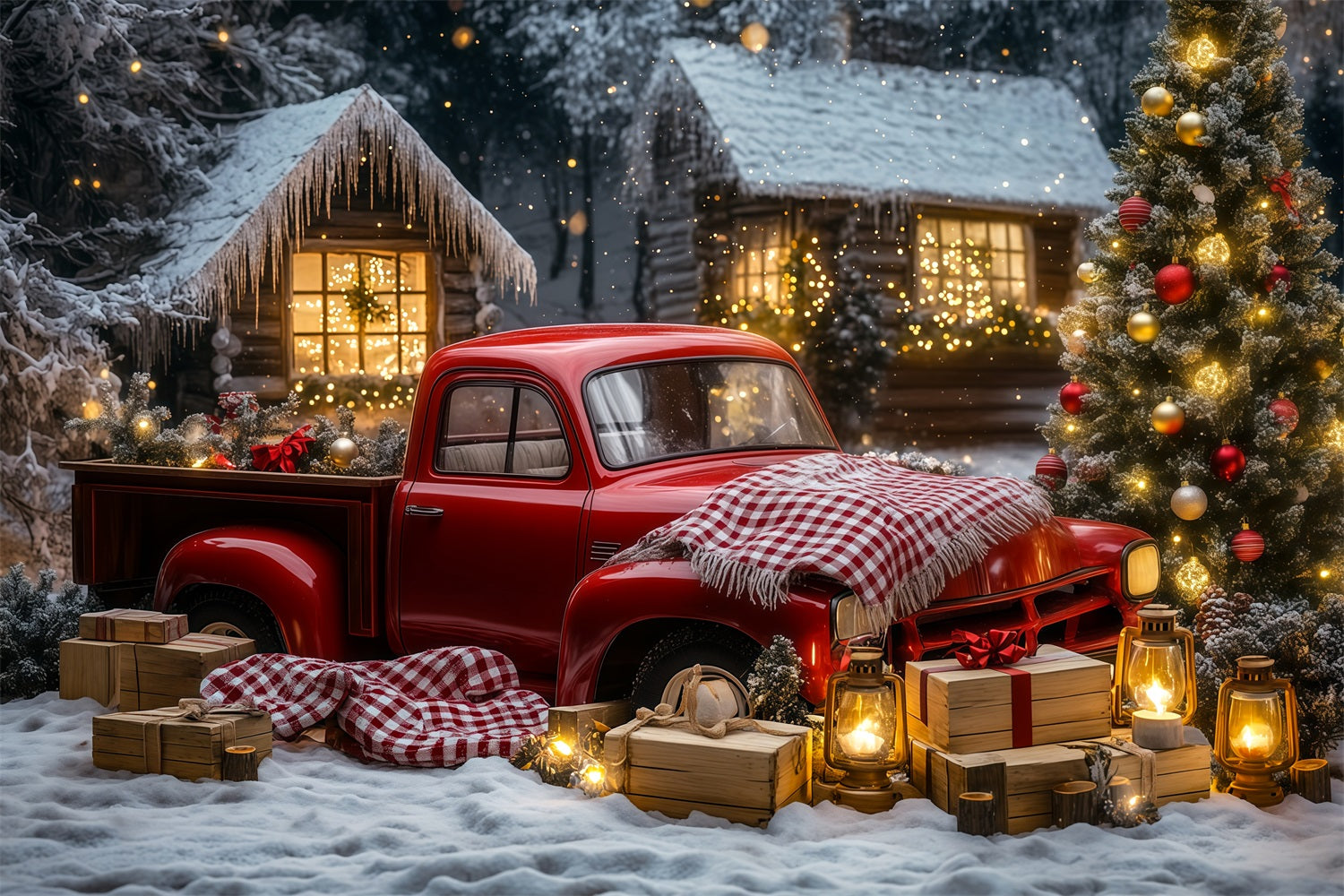 Christmas Truck Backdrop Vintage Car Woodland Cabin Muslin Backdrop Christmas RR69-32