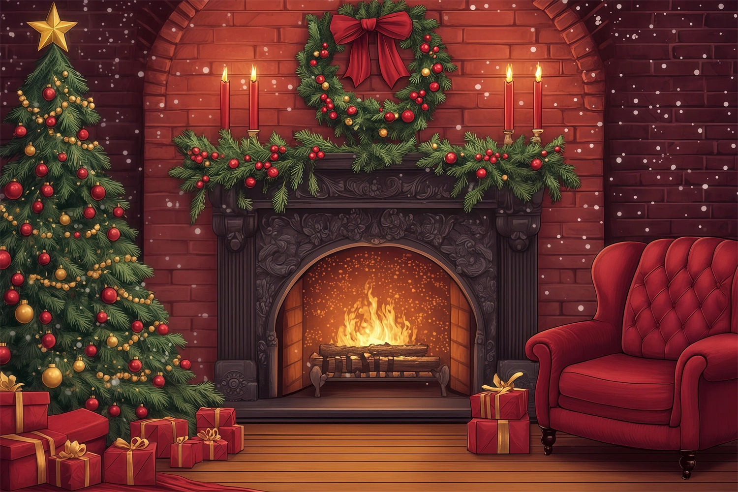 Cute Christmas Backdrop Brick Fireplace Garland Glow Photographic Backdrops Christmas RR69-33