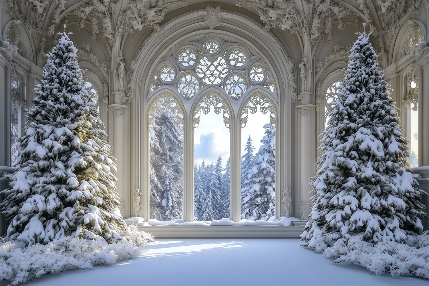 Christmas Tree Backdrop Snowy Gothic Window Forest Christmas Backdrop RR69-35