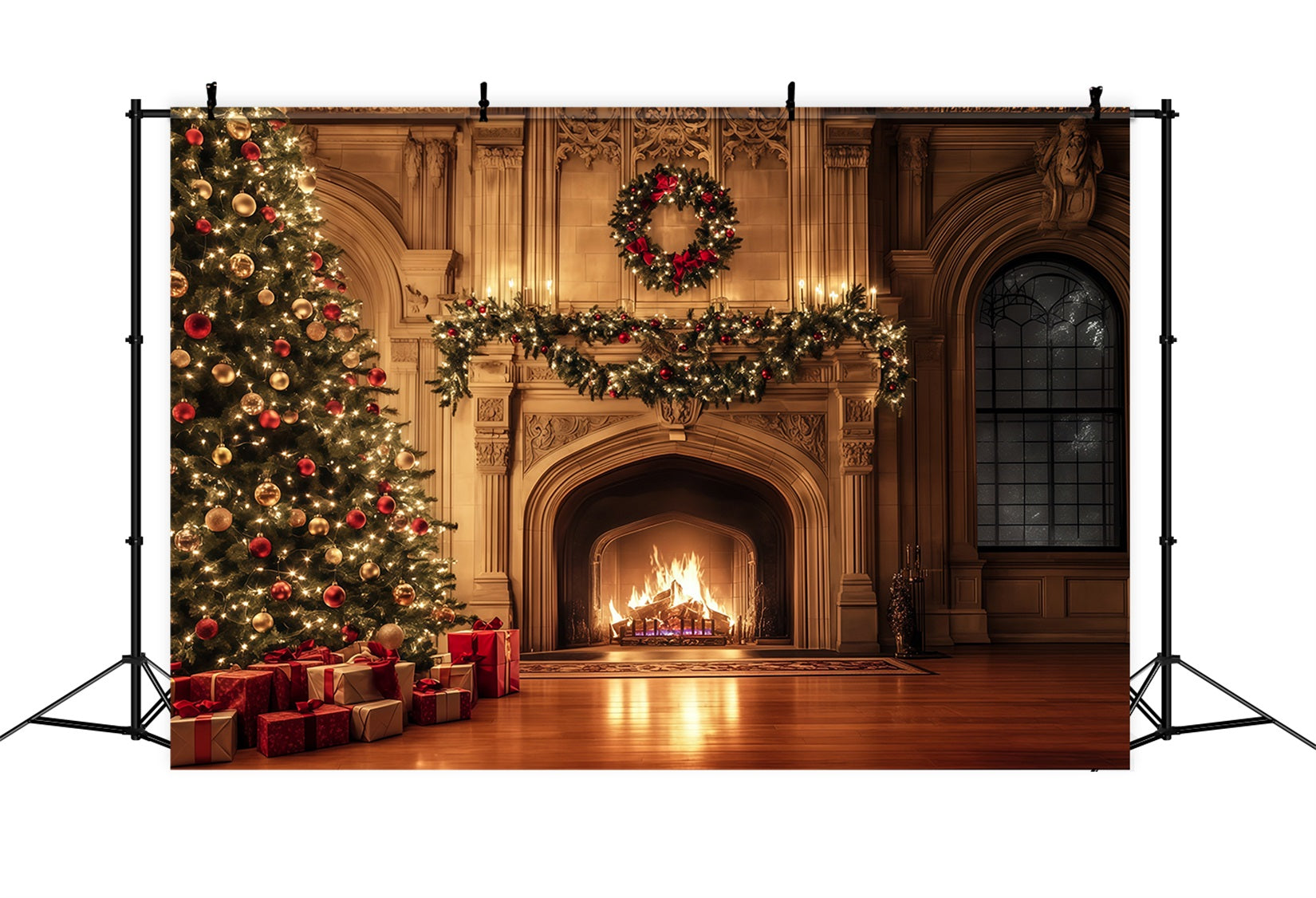 Cozy Christmas Backdrop Luxury Fireplace Garland Glow Christmas Photo Backdrop RR69-37