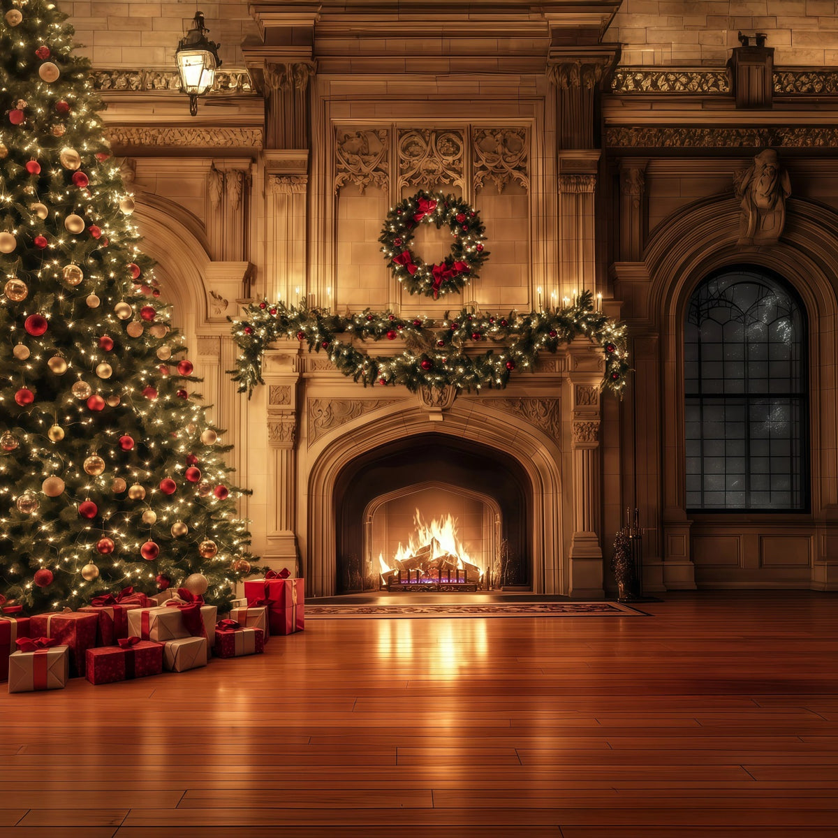 Cozy Christmas Backdrop Luxury Fireplace Garland Glow Christmas Photo Backdrop RR69-37