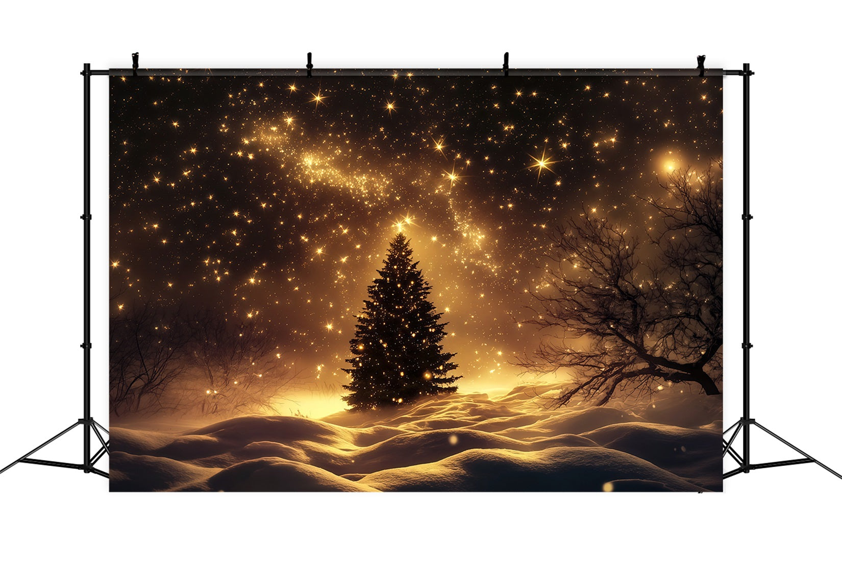 Christmas Snow Backdrop Golden Starry Snowfield Tree Christmas Photo Backdrops RR69-38