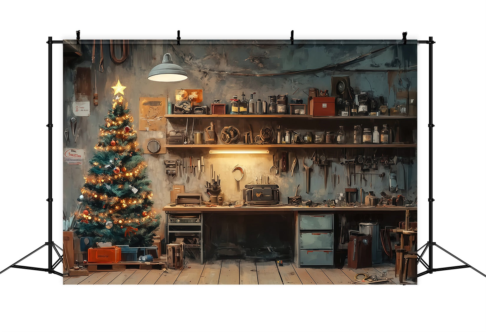 Santa Workshop Backdrop Rustic Room Tree Corner Professional Christmas Backdrops RR69-4