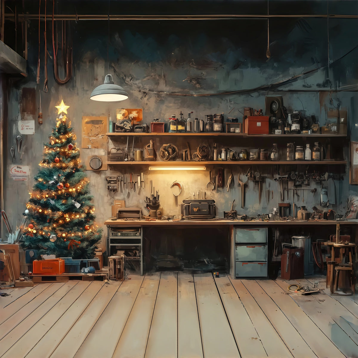 Santa Workshop Backdrop Rustic Room Tree Corner Professional Christmas Backdrops RR69-4