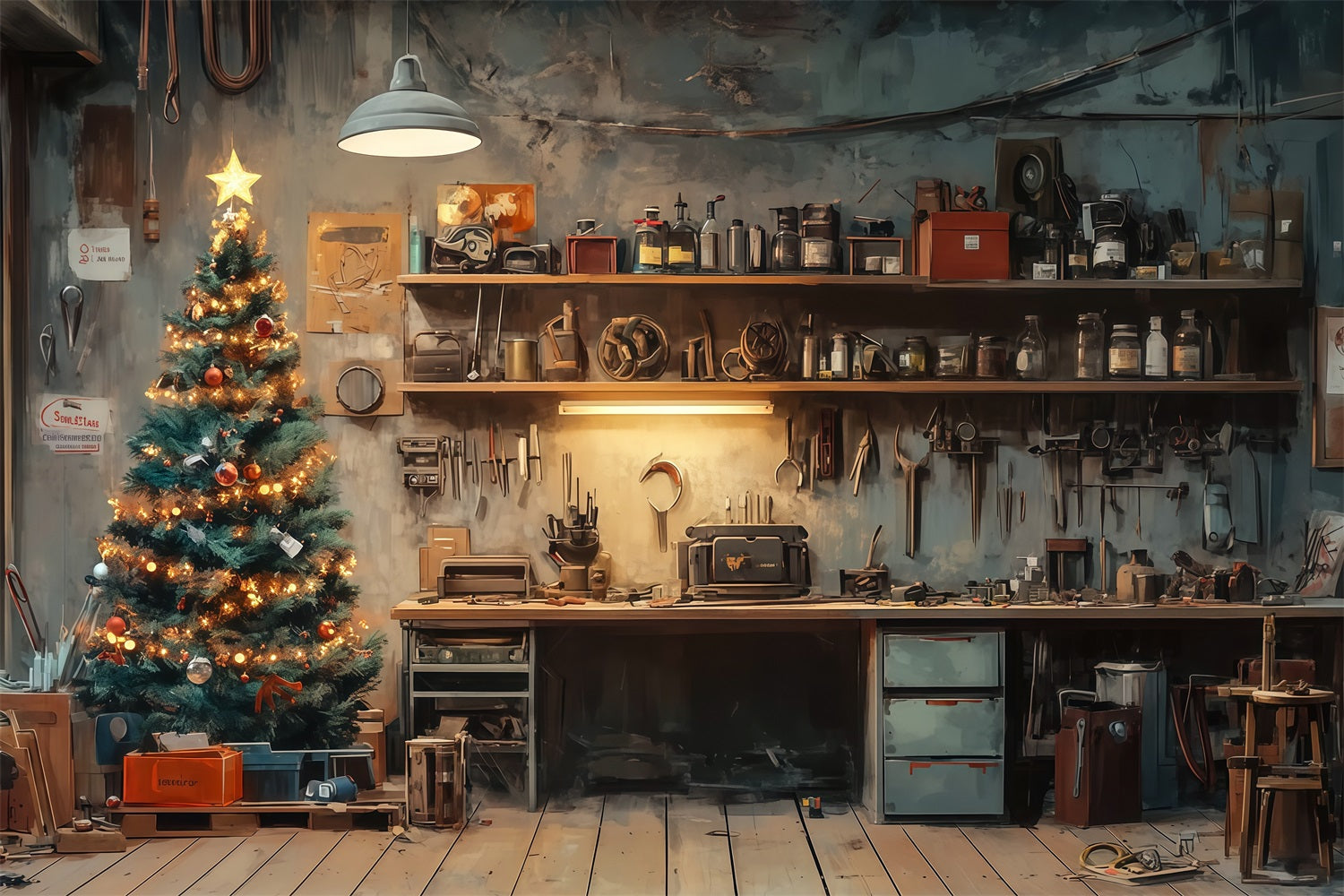 Santa Workshop Backdrop Rustic Room Tree Corner Professional Christmas Backdrops RR69-4