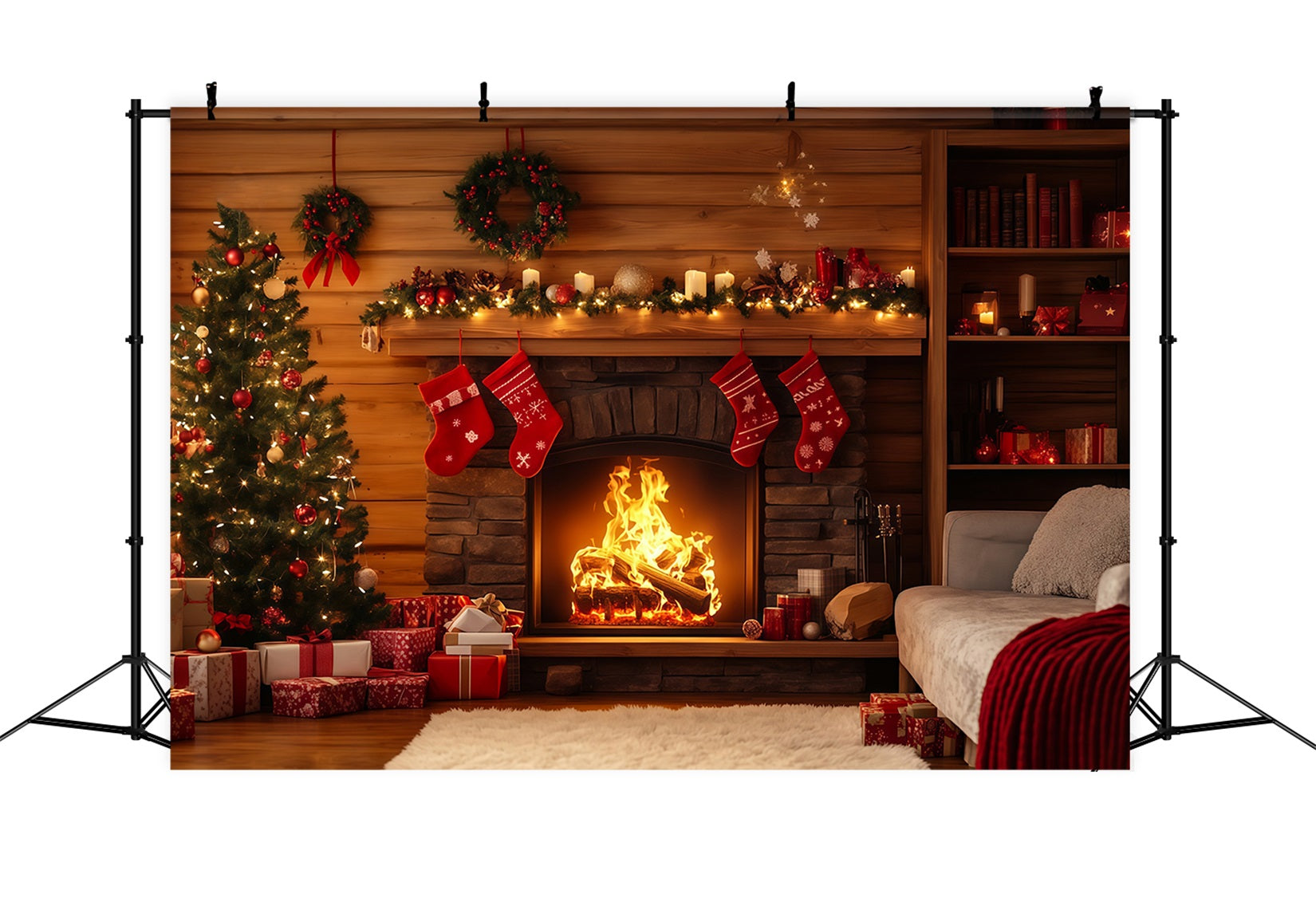 Rustic Christmas Backdrop Cabin Fireplace Stocking Decor Christmas Photography Backdrop RR69-40