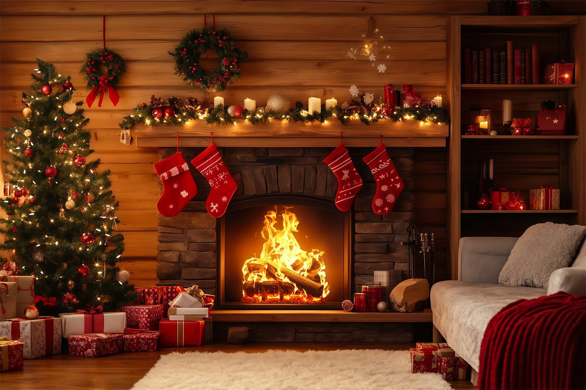 Rustic Christmas Backdrop Cabin Fireplace Stocking Decor Christmas Photography Backdrop RR69-40