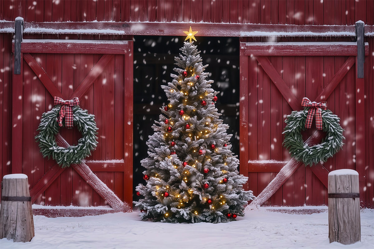 Christmas Barn Door Backdrop Snowy Barn Tree Wreath Professional Christmas Backdrops RR69-41