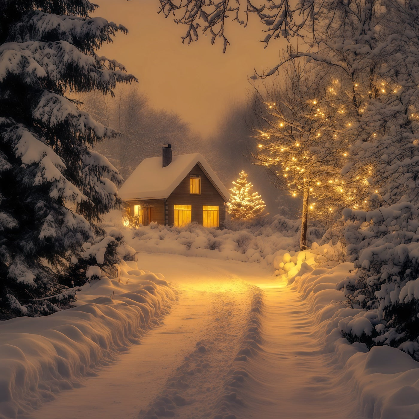 Winter Christmas Backdrop Snowy Forest Cabin Path Photo Backdrop Christmas RR69-43