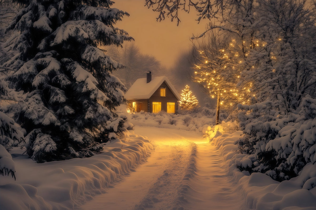Winter Christmas Backdrop Snowy Forest Cabin Path Photo Backdrop Christmas RR69-43