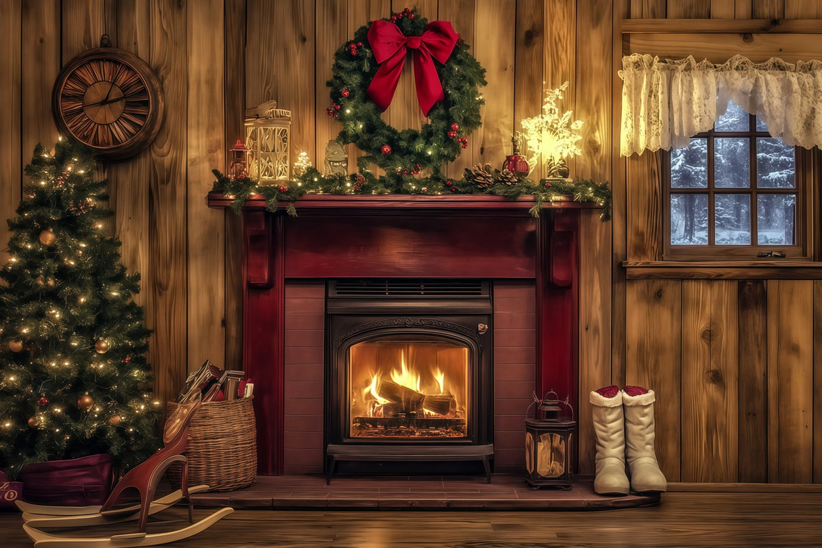 Wooden Christmas Backdrop Rustic Red Fireplace Mantel Large Christmas Backdrops RR69-44