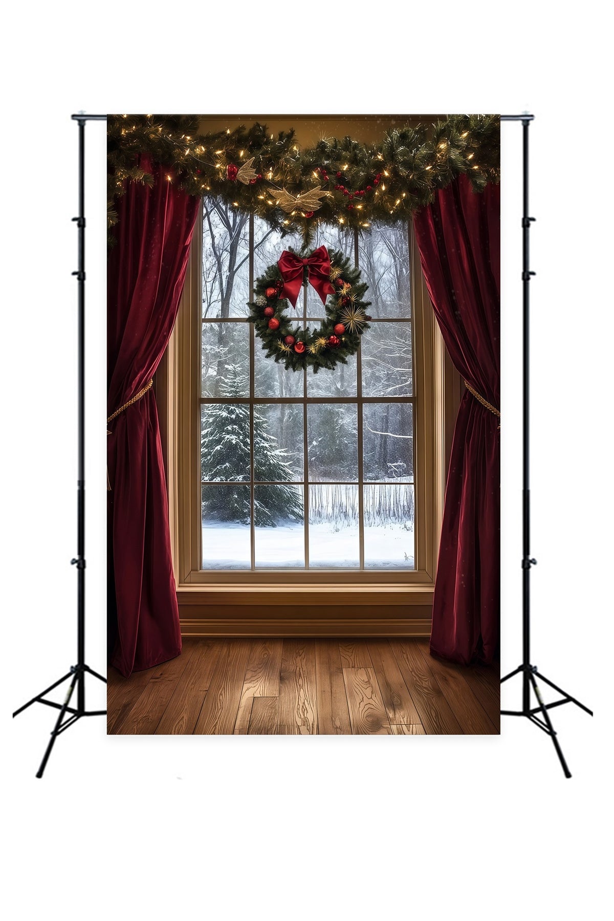 Christmas Window Backdrop Snowy View Velvet Curtain Photography Christmas Backdrop RR69-49