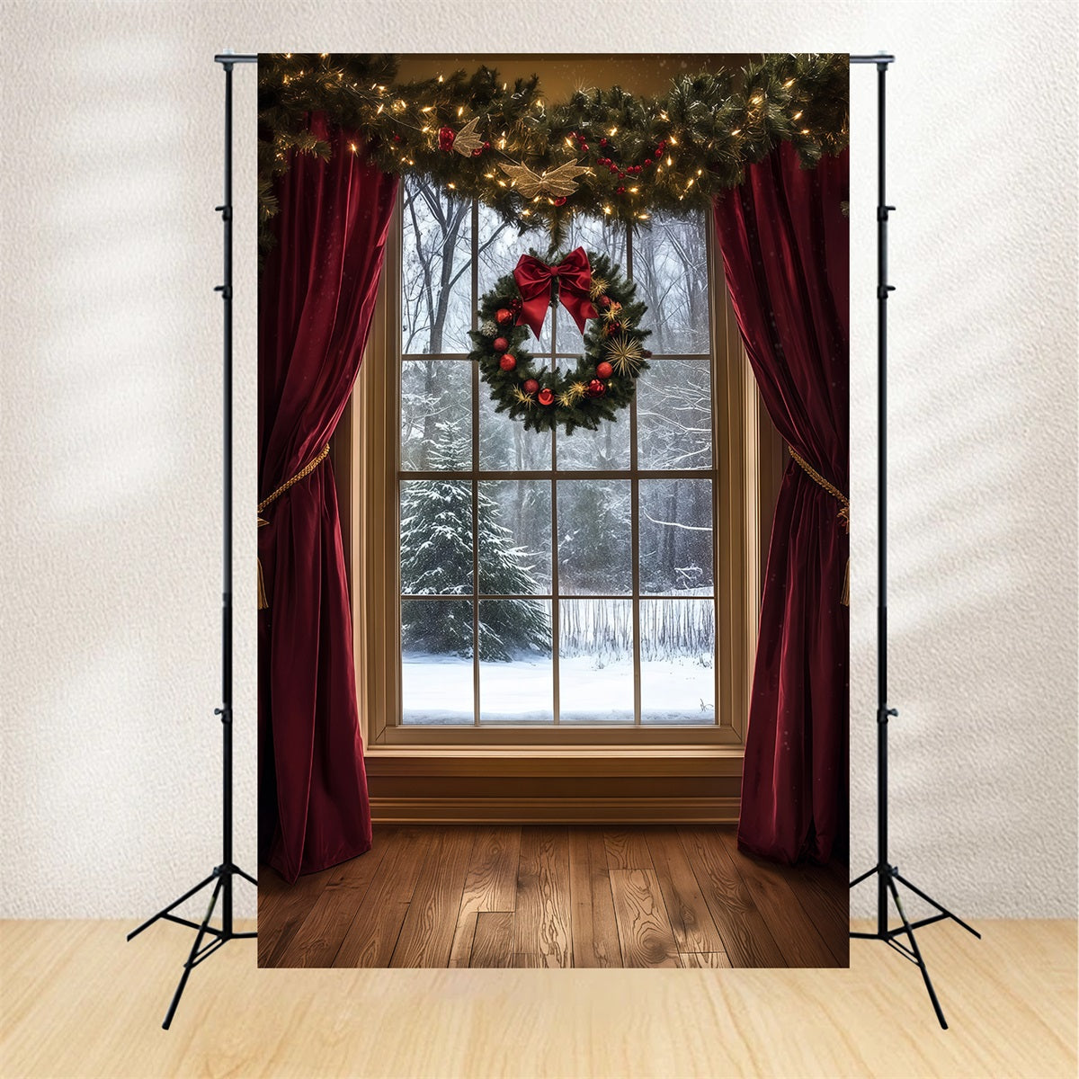 Christmas Window Backdrop Snowy View Velvet Curtain Photography Christmas Backdrop RR69-49