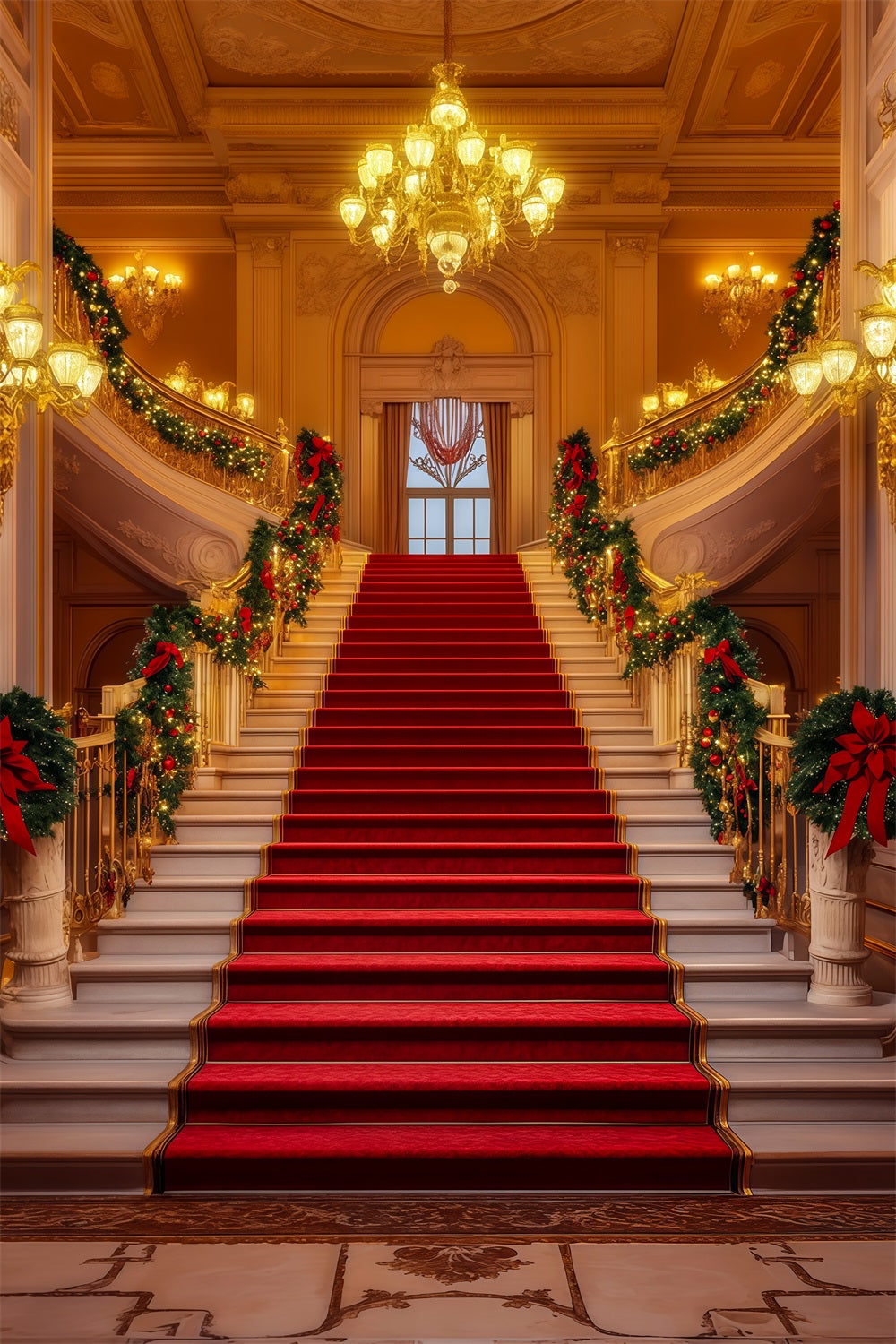 Christmas Stage Backdrops Grand Chandelier Staircase Hall Christmas Photography Backdrops RR69-5