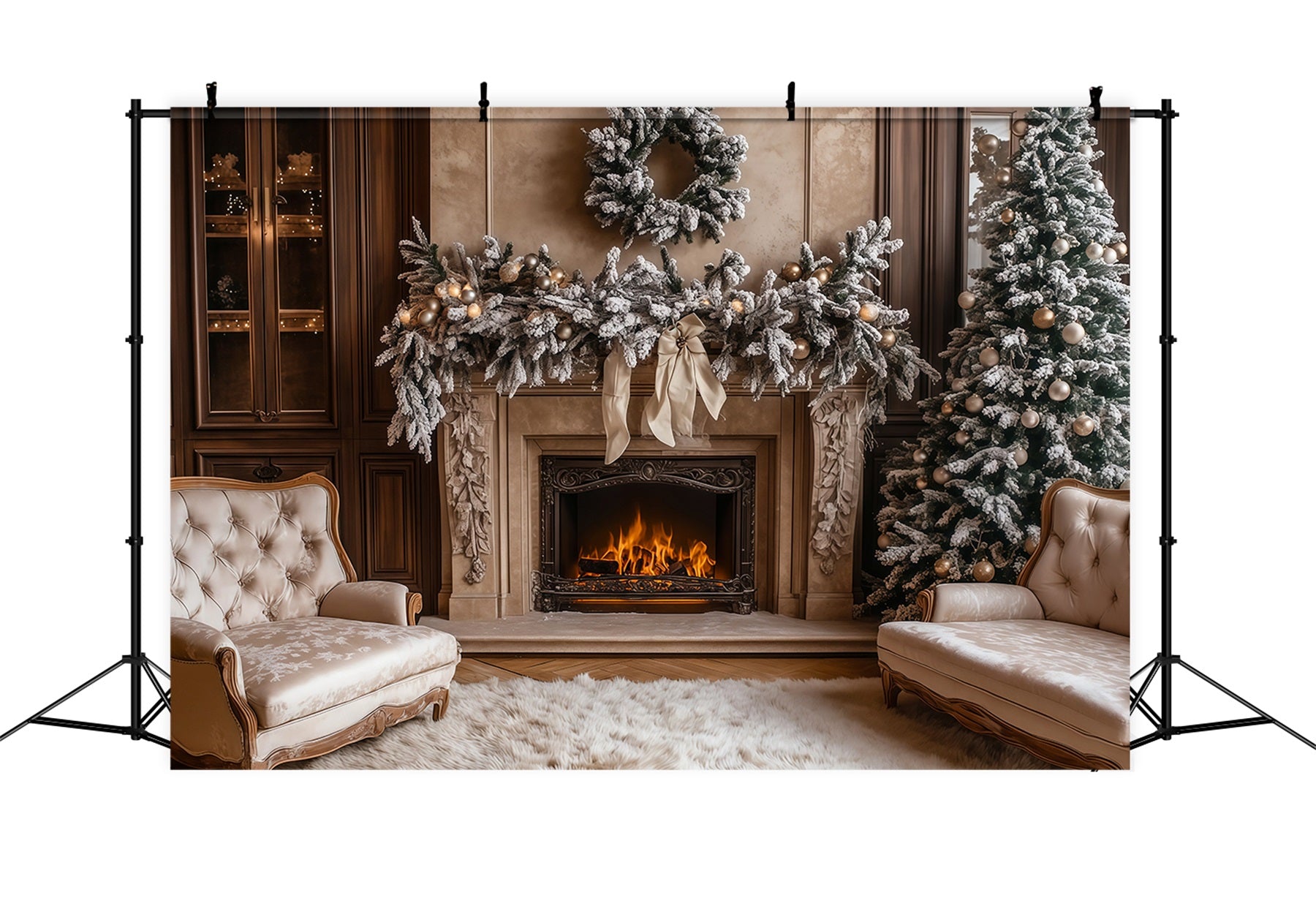 Christmas Living Room Backdrop Fireplace White Garland Photography Backdrops Christmas RR69-50