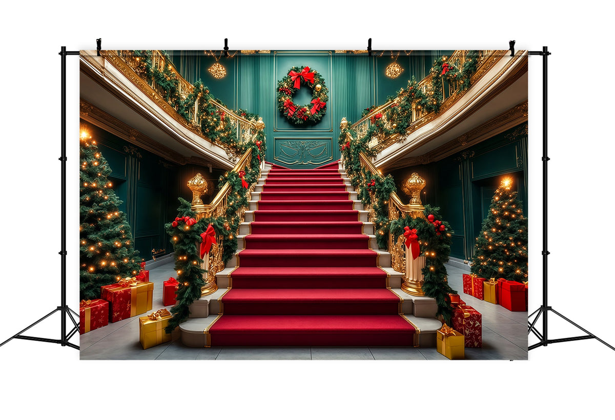 Classy Christmas Backdrop Grand Staircase Garland Entrance Christmas Wall Backdrops RR69-52
