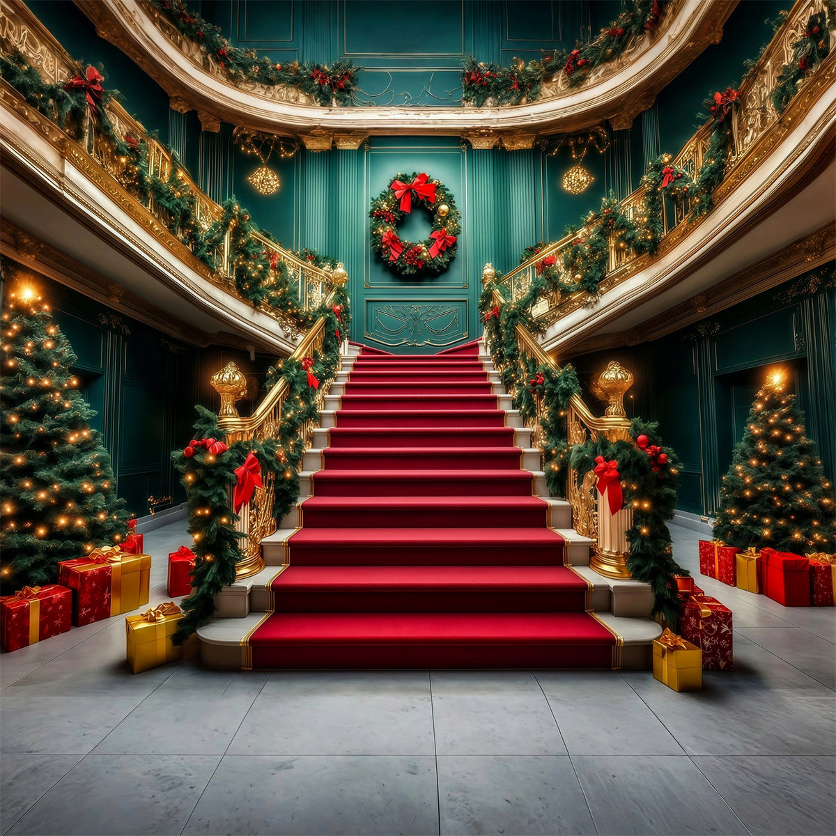 Classy Christmas Backdrop Grand Staircase Garland Entrance Christmas Wall Backdrops RR69-52