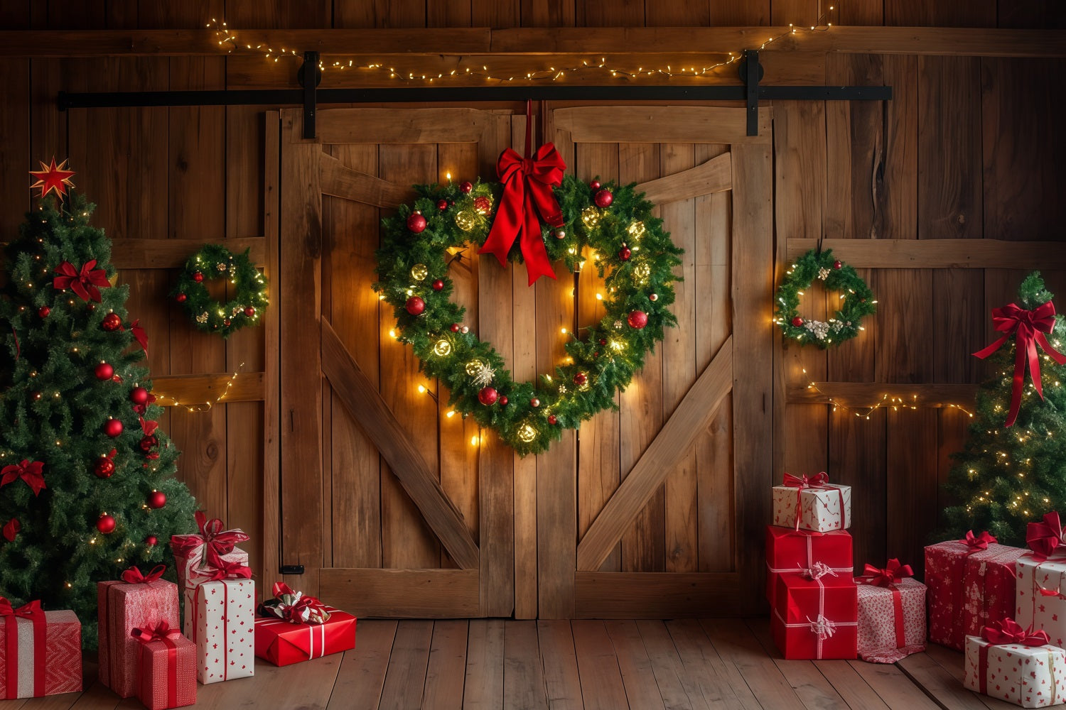 Barn Door Christmas Backdrop Rustic Barn Wreath Door Indoor Christmas Backdrop RR69-55