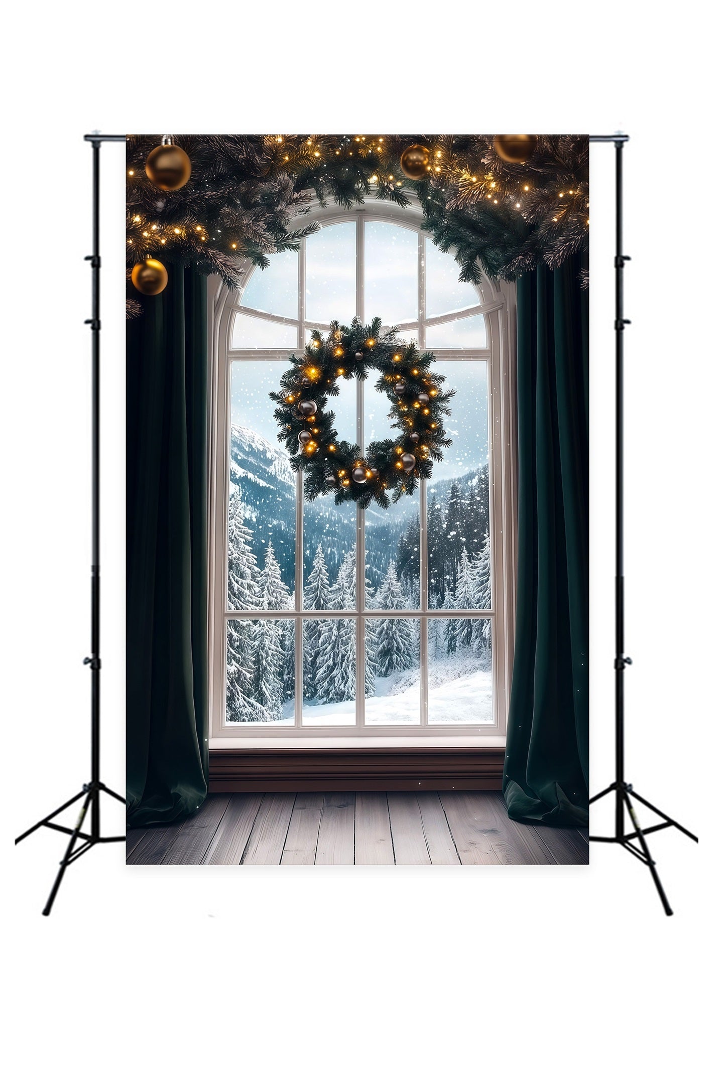 Christmas Window Backdrop Wreath Mountain Snow View Photo Christmas Backdrops RR69-58