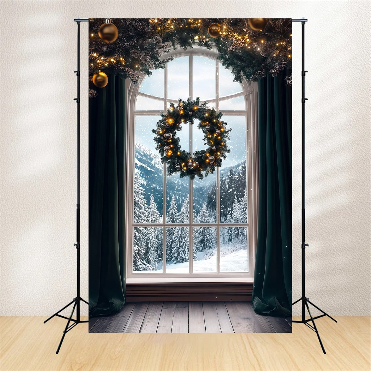 Christmas Window Backdrop Wreath Mountain Snow View Photo Christmas Backdrops RR69-58