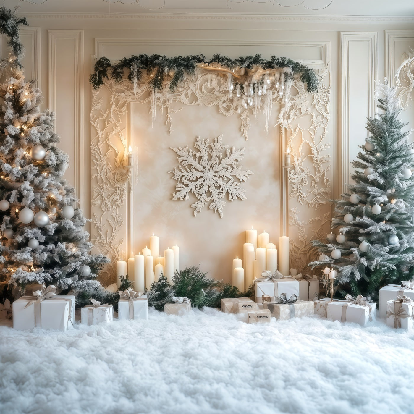 White Christmas Tree Backdrop Frosted Candle Snowflake Wall Photo Backdrop Christmas RR69-6