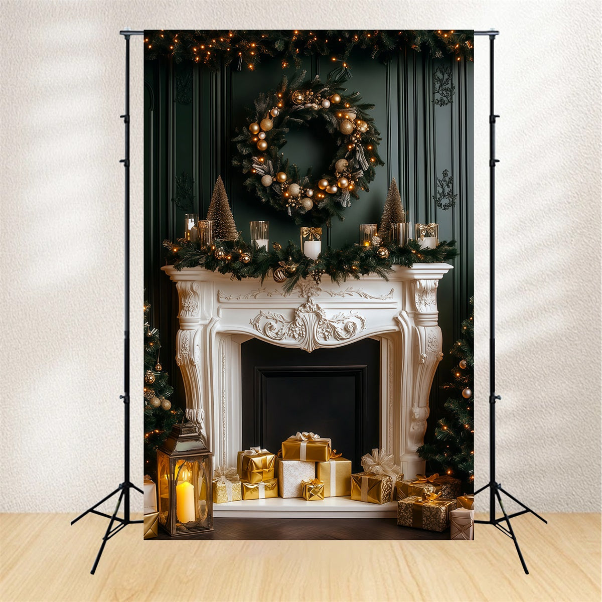 Fireplace Christmas Backdrop Elegant Dark Mantel Glow Studio Christmas Backdrop RR69-60