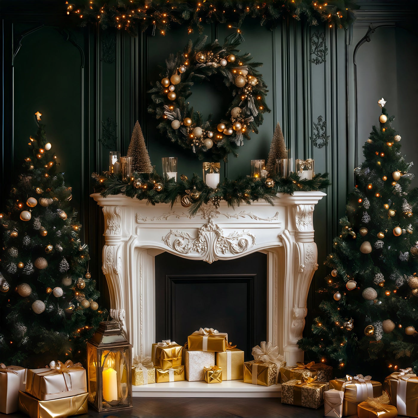 Fireplace Christmas Backdrop Elegant Dark Mantel Glow Studio Christmas Backdrop RR69-60