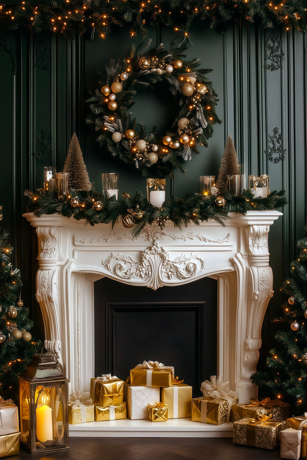 Fireplace Christmas Backdrop Elegant Dark Mantel Glow Studio Christmas Backdrop RR69-60