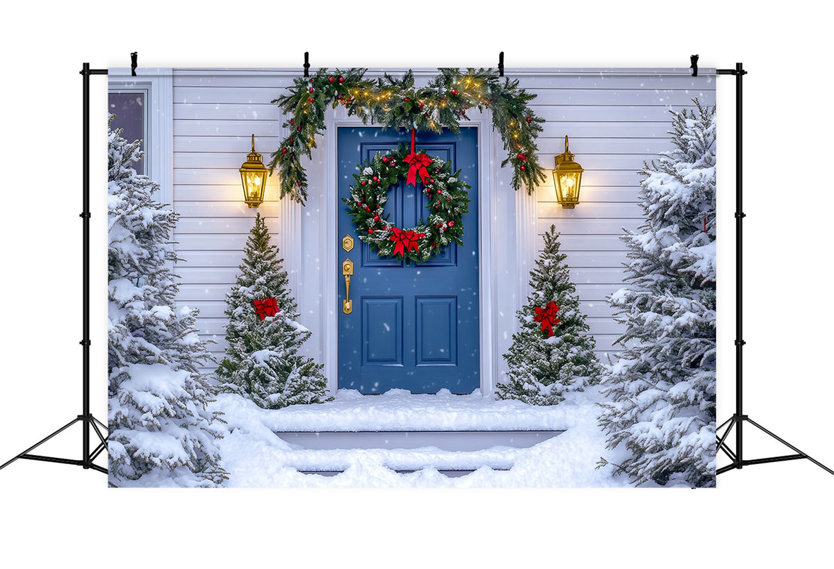 Christmas House Backdrop Blue Door Wreath Photo Backdrop Christmas RR69-63