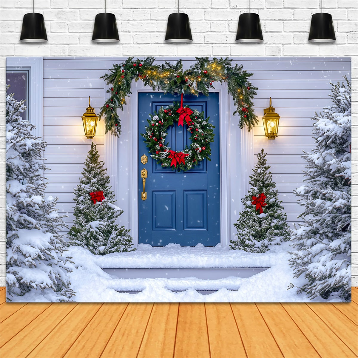 Christmas House Backdrop Blue Door Wreath Photo Backdrop Christmas RR69-63