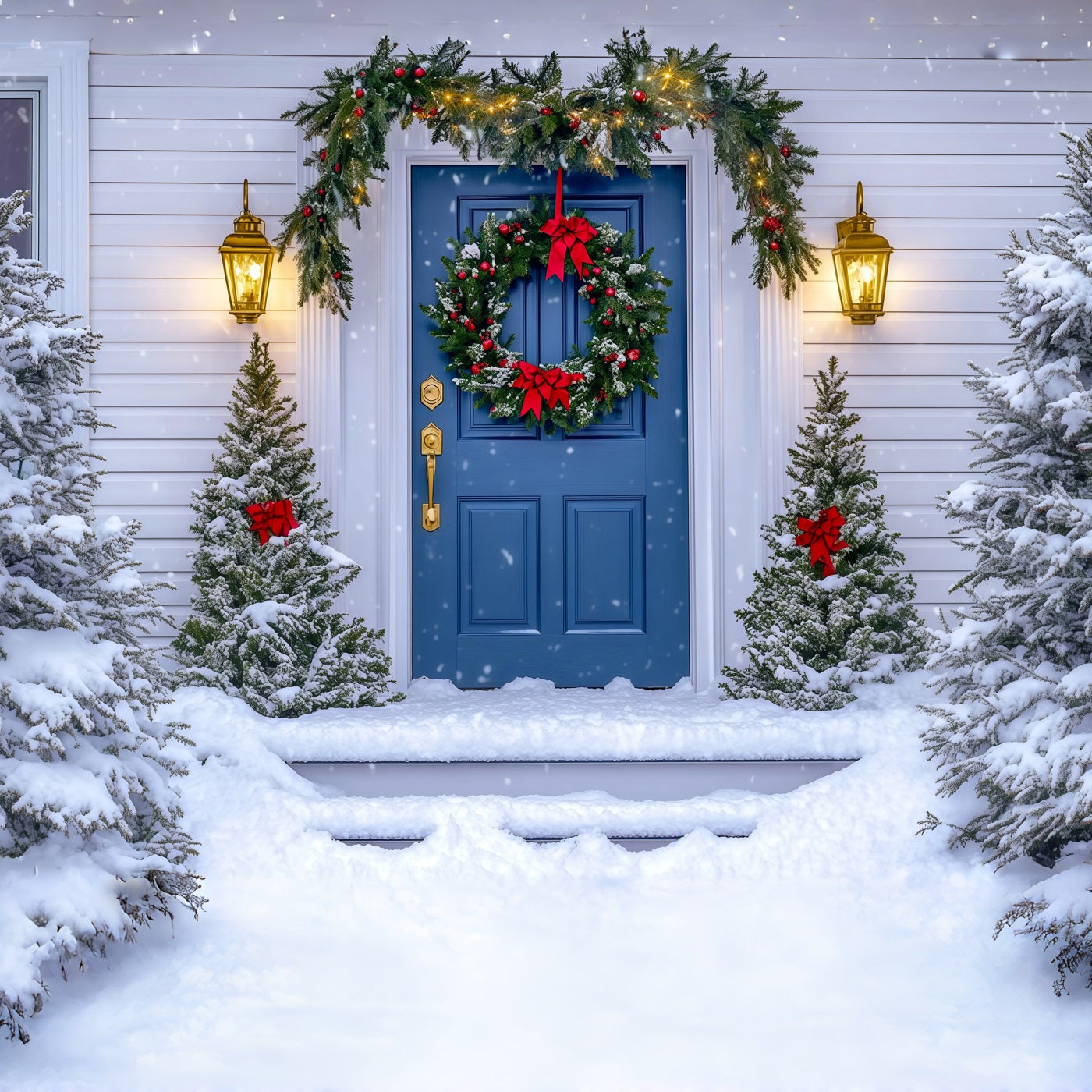 Christmas House Backdrop Blue Door Wreath Photo Backdrop Christmas RR69-63